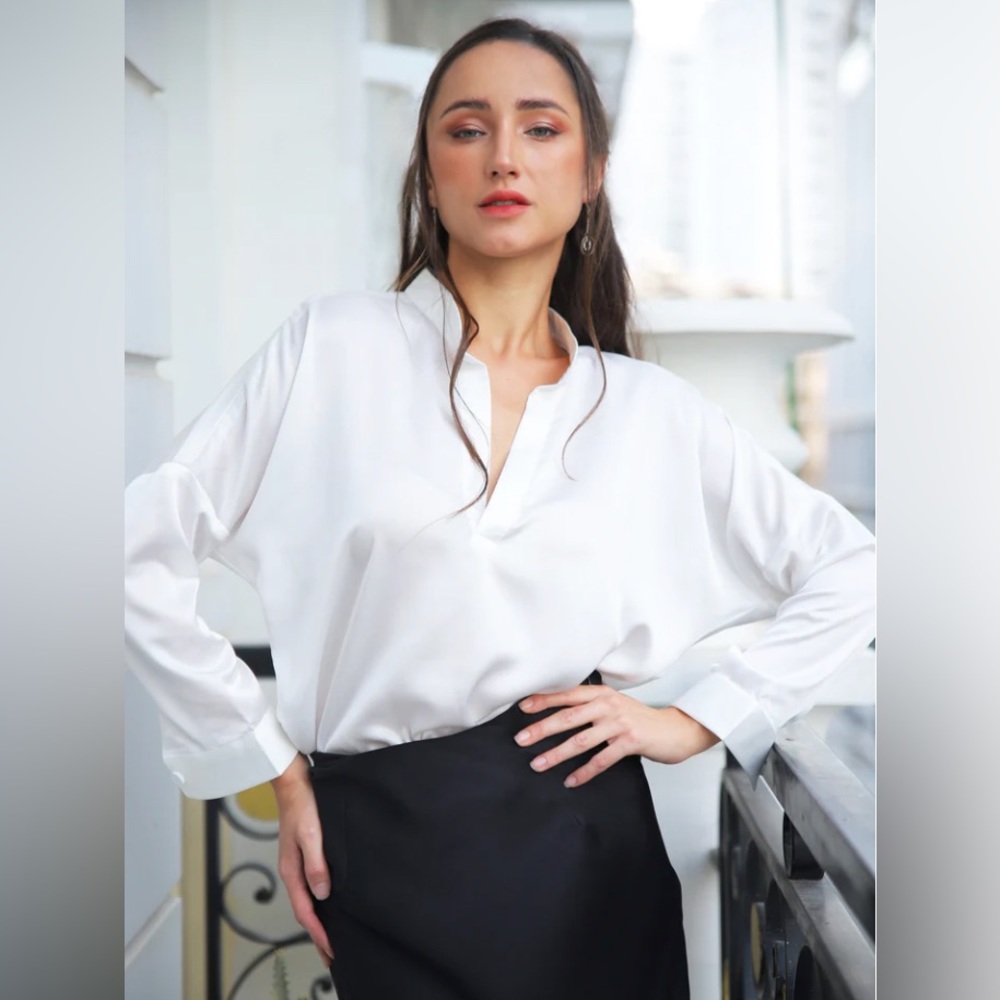 White Silk Like Top, Satin White Blouse,  V neck Loose Fitting Silk Blouse,